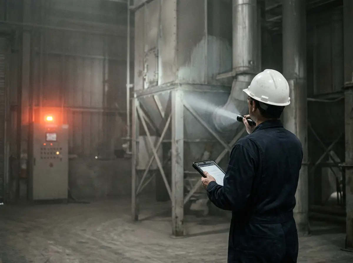 Engenheiro realizando análise de risco de poeira combustível (DHA) em planta industrial