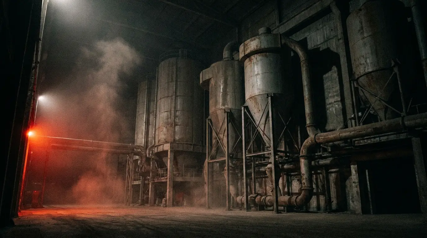 Interior de planta industrial onde o alívio de explosão sem chama é necessário