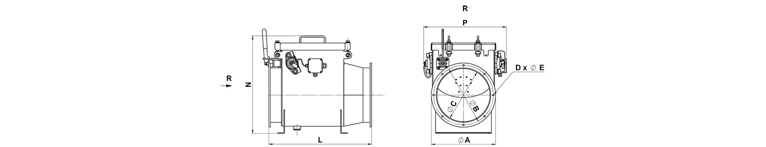 Desenho técnico dimensional da válvula B-Flap I PRO de isolamento de explosão